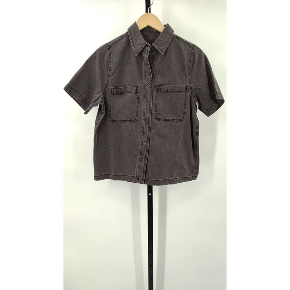 Quince Women Distressed Denim Short Sleeve Shirt Washed Black S